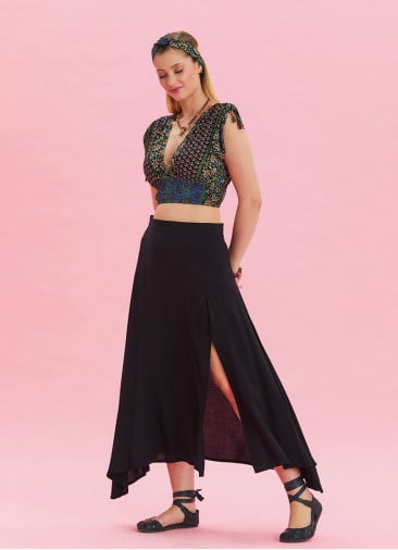 Black Asymmetrical Skirt with Zipper Detail and Slit 4638